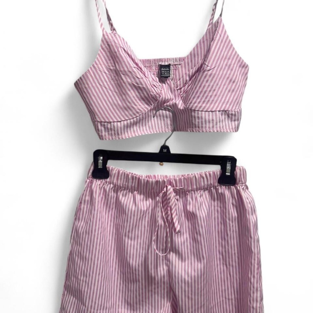 Salant Pink White‎ Stripe Smocked Crop Top & Shorts Pajama Set M